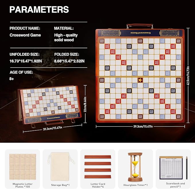 Crossword Game with Magnetic Letter Tiles, Foldable Board into Portable Carry Case, Luxury Edition Word Building Game with Rotating Wooden Board, Educational Family Game for 2-4 Players