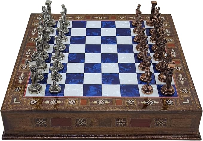 15’’ Handmade Chess Set with British Army Metal Chess Pieces, Luxury Storage Chess Board, for All Ages, Ideal for Father, (Blue)