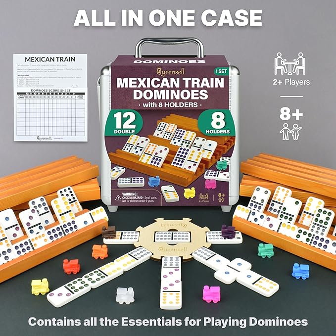 Queensell Mexican Train Dominoes Set with 8 Holders - Wooden Hub and Tiles Holders - Double 12 Tiles with Dots (D12 + 8 Holders)