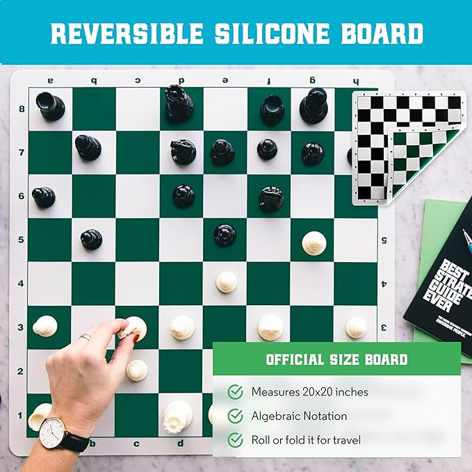 Best Chess Set Ever 3X Triple Weighted Tournament Size Chess Game (4" King) Large Staunton Modern Pieces, 20x20 Big Double-Sided, Roll Up Silicone Mat, Professional Chess Board Set for Adults & Kids