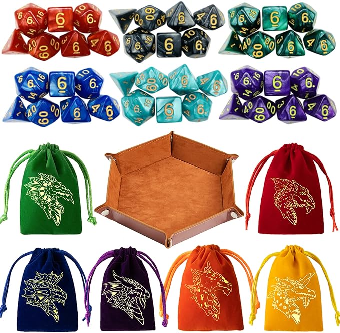 6 Sets DND Dice Polyhedral Dungeons and Dragons Rolling Dice for RPG MTG Table Games with Free Six Drawstring Bags and PU Leather D&D Dice Tray (Single with Brown Tray)