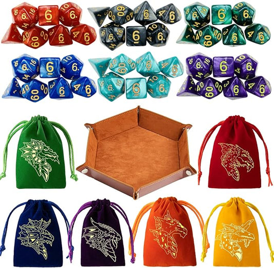 6 Sets DND Dice Polyhedral Dungeons and Dragons Rolling Dice for RPG MTG Table Games with Free Six Drawstring Bags and PU Leather D&D Dice Tray (Single with Brown Tray)