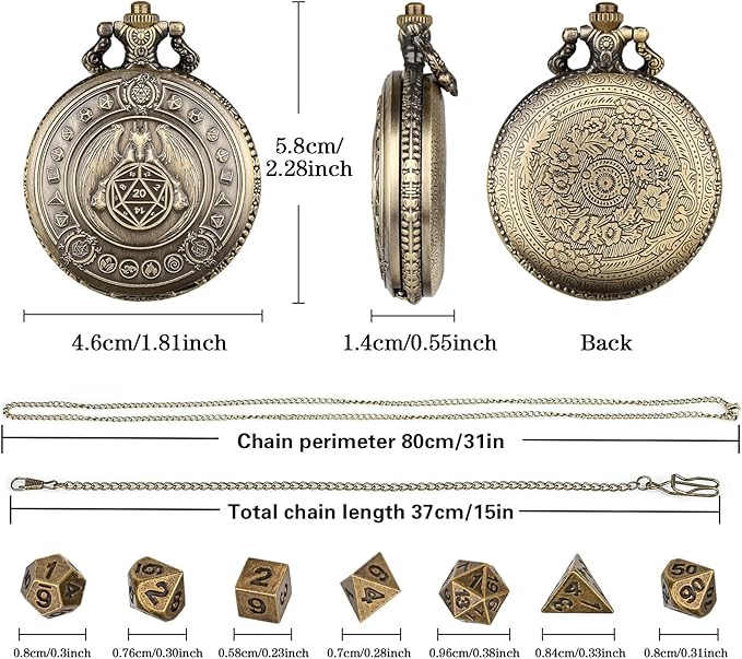 Mini DND Dice Set Dragon Bronze Pocket Watch Shell Case, 7pcs Polyhedral Metal D&D Dice Set, DND Gifts with Gift Box, D&D Gift, Role Playing Board Games Accessories