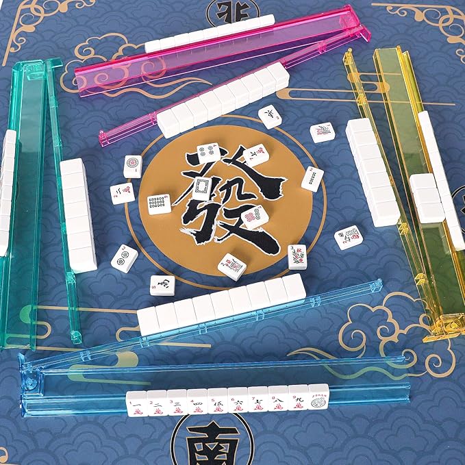 ZGME Mahjong Mat, Anti Slip & Noise Reduction Table Cover for Mahjong, Dominoes, Poker, Card, Tile and Board Games, Rubber Game Mat with Carrying Bag and 3 Dice (Blue, 31.5 x31.5 Inches)