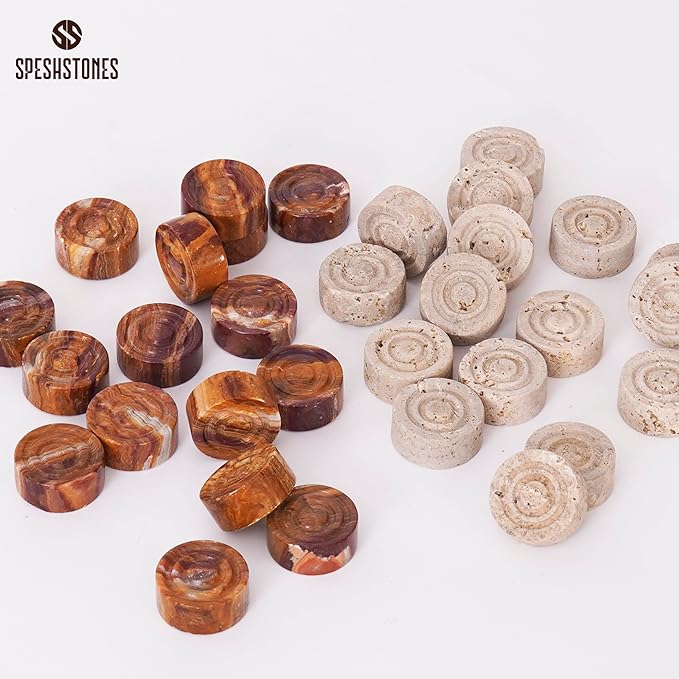 Marble Checkers 1.25 Inch Brown and Travertine Stone Pieces for Classic Checkers Board Game, Tabletop Strategy Set for Adults & Family, Travel, Outdoor Play