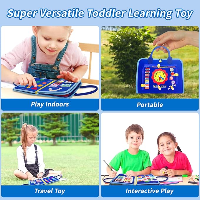 Montessori Busy Board for Toddlers 1-3 Sensory Toy with Zippers, Buttons & Laces Develop Fine Motor Skills Travel-Friendly Learning Activity Board, for Kids