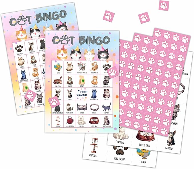 Cat Bingo Cards, Kitten Theme Game for 24 Players, Bingo Activities for Adult, Pawty Party Favors Supplies Decorations(01)