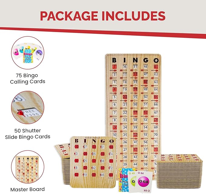 MR CHIPS Jam-Proof Bingo Cards with Sliding Windows, 50 Reusable Shutter Cards, 75 Calling Cards 1 Master Board in Tan Woodgrain Style