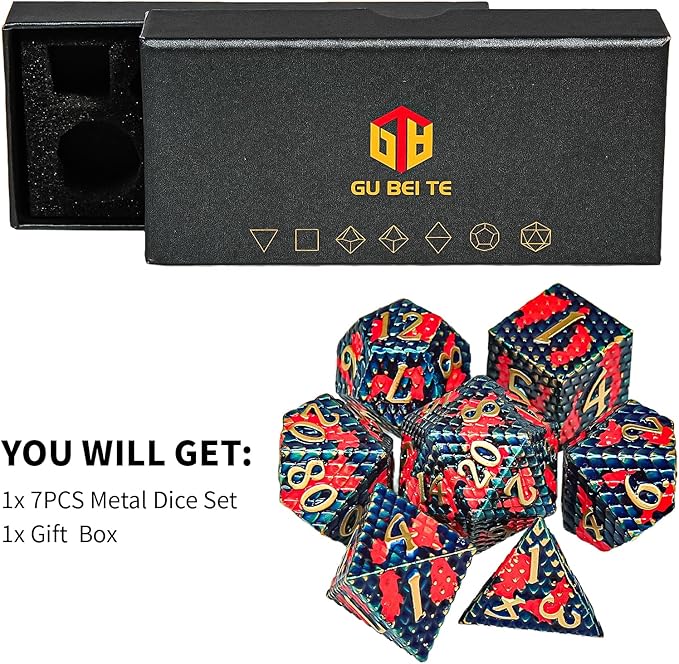 Metal DND Dice Set,Colorful Dragon Scales DND Dice 7-pcs Metal Polyhedral Dice Set for Dungeons and Dragons RPG MTG Table Games