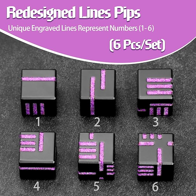 ZHOORQI D6 Metal Dice, 16mm 6 Sided Dice Set, 6Pcs/Set Tech-Themed New Concept Glittery Lines D6 Dice for DND, Tabletop RPGs Gifts（D6-Glitter Purple）