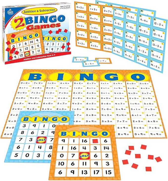 Carson Dellosa Addition and Subtraction Bingo Board Games, Adding and Subtracting Math Facts for Kids Ages 5+, Kindergarten Learning Activities, 3-36 Players