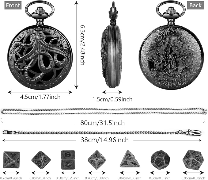 Mini DND Dice Set With Steampunk Hollow Octopus Pocket Watch Shell Case, 7pcs Polyhedral Metal Dice Set, D&D Gifts With Gift Box, Role Playing Board Games Accessories, Black