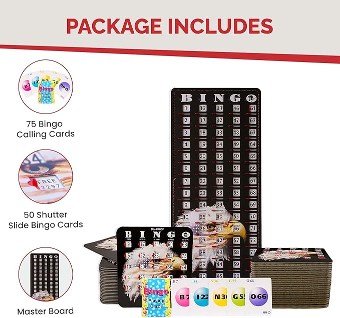 MR CHIPS Jam-Proof Bingo Cards with Sliding Windows, 50 Reusable Shutter Cards, 75 Calling Cards 1 Master Board in Star and Strips Style