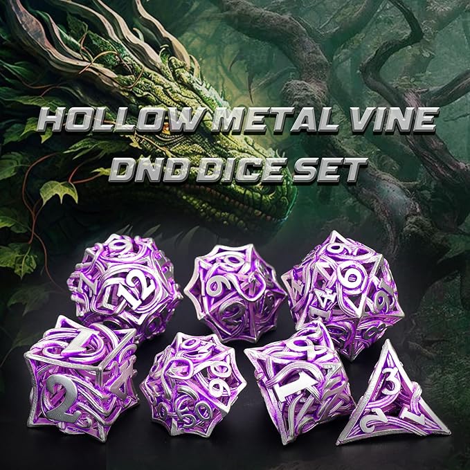 Metal DND Dice Set of 7 for Dungeons and Dragons Hollow Polyhedral Metal Vine Dice Set D&D with Case Role Playing D and D RPG Dice for Tabletop Games Ttrpg (Vine White Purple)