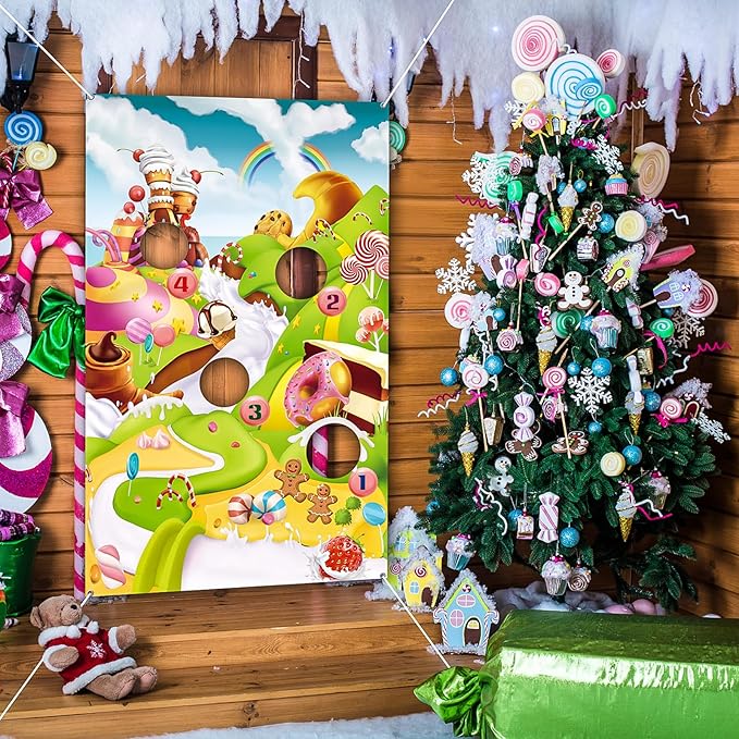 Blulu Candy Cane Land Toss Games With 3 Bean Bags, Ice Cream Cone Toss Game, Sweet Adventures Theme Wall Decoration for Lollipop Party Supplies, Christmas Gingerbread Candy Wonderland