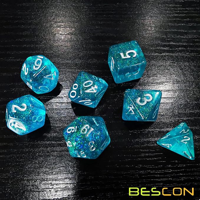 Bescon Blue Shimmery Dice Set, Polyhedral RPG Game 7-dice Set in Brick Box Packing