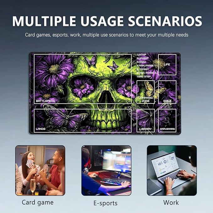 MTG Playmat Size 23.6x13.8in with Storage Bags Portable Playmat TCG and Board Game Mat for Cards Rubber Base Slip-Resistant Mousepad Desk Mat (Green Skull,with Zone)