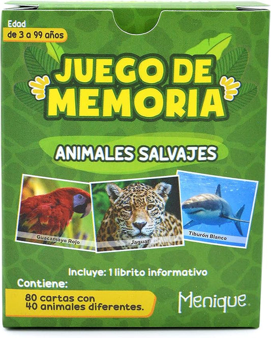 Menique Wild Animals Memory Matching Game – Spanish Edition – 80 Cards (40 Pairs) with Real Photos – Educational Game in Spanish for Kids and Adults – Includes Booklet