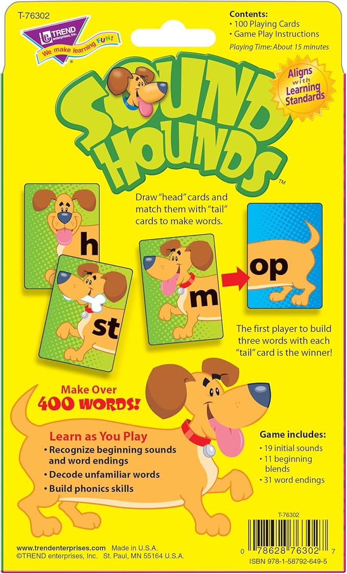 Trend Enterprises: Sound Hounds Word Building Card Game, Match Word Beginnings with Endings to Spell Words and Score Points, Make Over 400 Words, 1 to 4 Players, for Ages 7 and Up