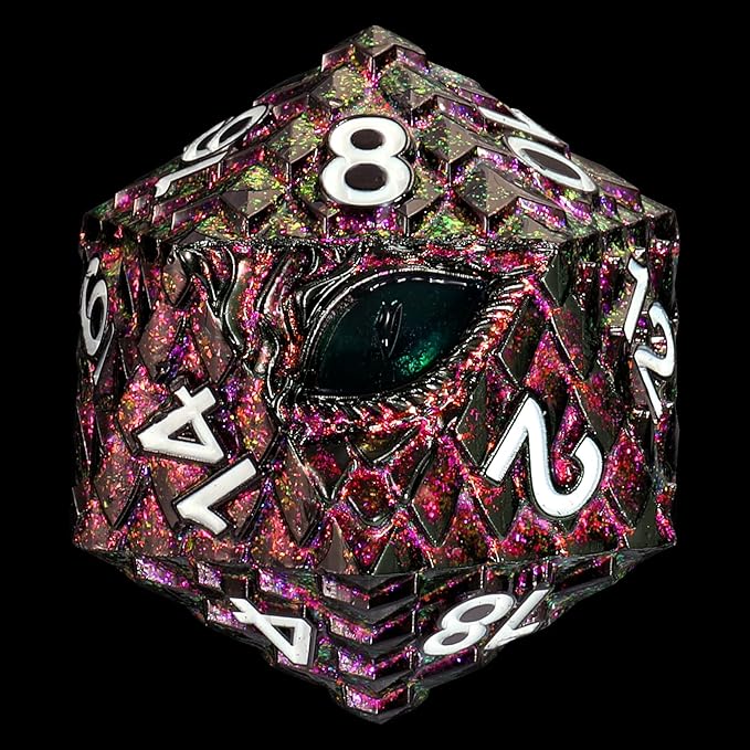 Dragon Eye Scale DND Metal Dice,33mm 20 Sided Giant D20, Large Polyhedral Dice, D&D Metal Dice Set for Dungeons and Dragons, RPG, MTG & Tabletop Games(Glitter Purple with Green Eye)