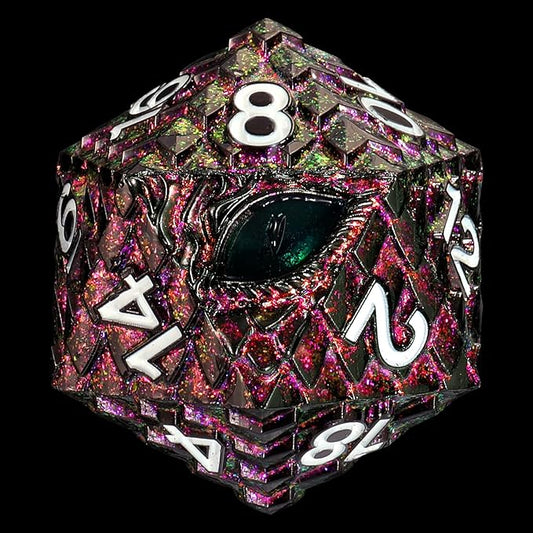 Dragon Eye Scale DND Metal Dice,33mm 20 Sided Giant D20, Large Polyhedral Dice, D&D Metal Dice Set for Dungeons and Dragons, RPG, MTG & Tabletop Games(Glitter Purple with Green Eye)