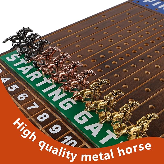 Large 21 Inches Horse Racing Board Game Thickened Wood Metal Horses Finish Line Horse Race Game for Party and Gatherings Included Dices and Cards, Flame