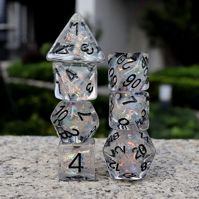 Haxtec Clear DND Dice Set 7PCS Filled Resin Polyhedral D&D Dice W/Iridescent Rainbow Mylar Inclusion for Roleplaying Games Dungeons and Dragons Gift