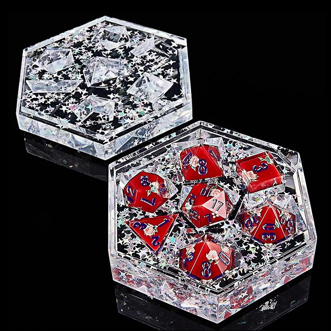 DND Dice Set Polyhedral, IDTQ Dungeons and Dragons Purple Dice Set RPG MTG Table Games 7-Die Resin Sharp with Acrylic Starlight Accent Box (Rose-Red)