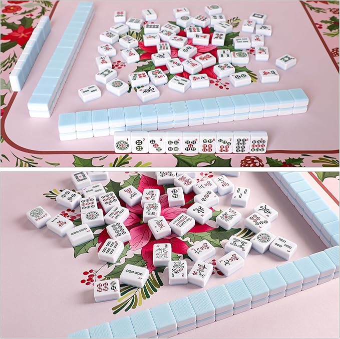 Large Mahjong Mat with Red & Green Floral Print, Anti-Slip, Noise-Reducing Table Cover for Mahjong, Poker, Board Games, Dominoes, and Card Games (31.5” x 31.5”)