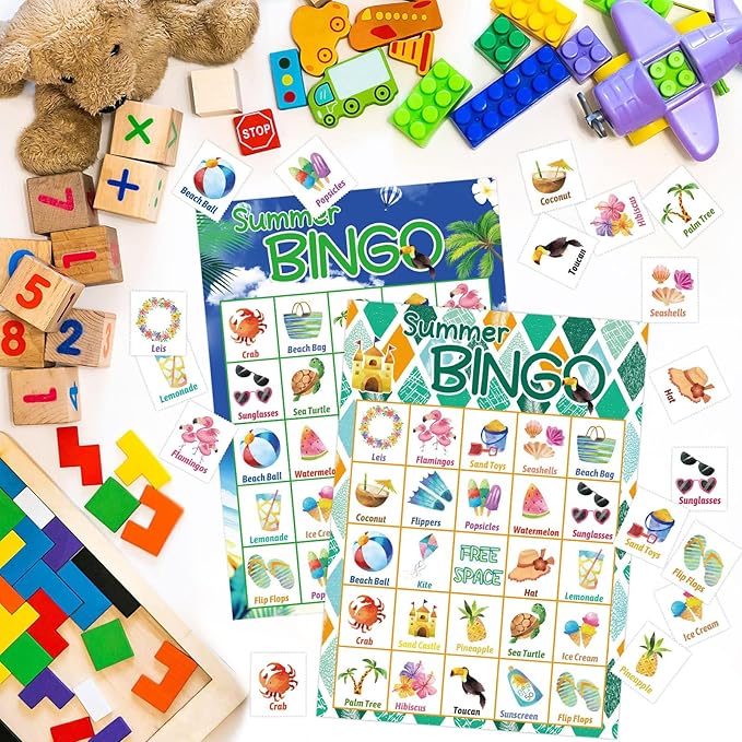 Fancy Land Summer Bingo Game for Kids 24 Players Hawaiian Tropical End of Year Summer Luau Party Favors Supplies