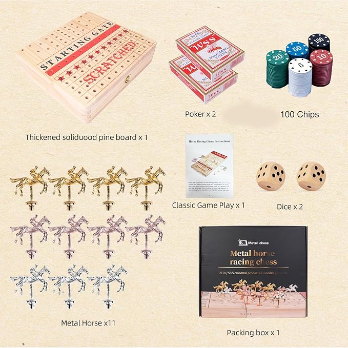 Horse Racing Board Game Set for Adults ， 21-Inch Foldable Solid Wood Adult Board Games with 11 Metal Horses, 2 Dice, and 2 Boxes of Cards for Adults Family Game Night Tabletop Game Party