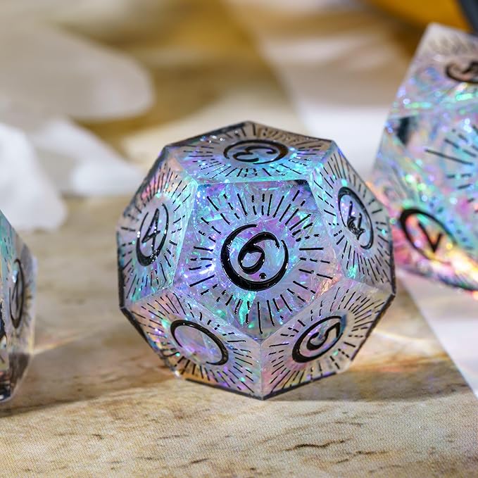 Cusdie Sharp Edges DND Dice, 7 PCs Moon Dice Set D&D Dice, Handcrafted Polyhedral Dice Set, for Role Playing Game Pathfinder(Moon/Black)