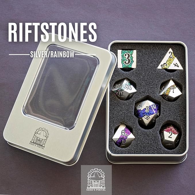 Sage's Portal Metal Riftstone DND Dice 7-PC Polyhedral Dice Set for DND TTRPG Dungeons and Dragons Pathfinder Oversized Designer Dice (Pearl Silver/Rainbow)