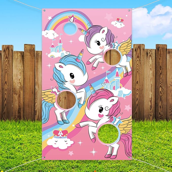 Blulu Unicorn Bean Bag Toss Game for Kids Outdoor Toys Unicorn Toss Game Banner with 3 Nylon Bean Bags Birthday Party Game Backyard Yard Activities for Toddler Birthday Gift for Girls