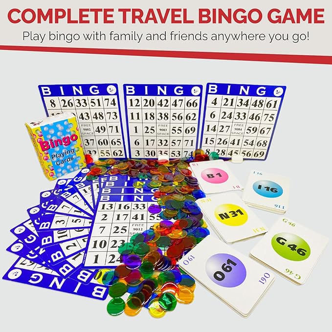 MR CHIPS Bingo Game 18 Cards and 300 Chips & Calling Cards Fun Games for Family, Reusable Kids