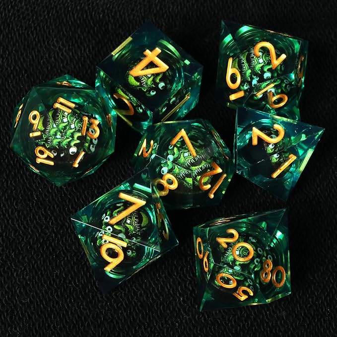 Cthulhu Beholder Polyhedral Resin Dice Set for Dungeons and Dragons Sharp Edge 7 PCS for D&D RPG Starter and Role-Playing Games, with Gift Box (Black-Green)
