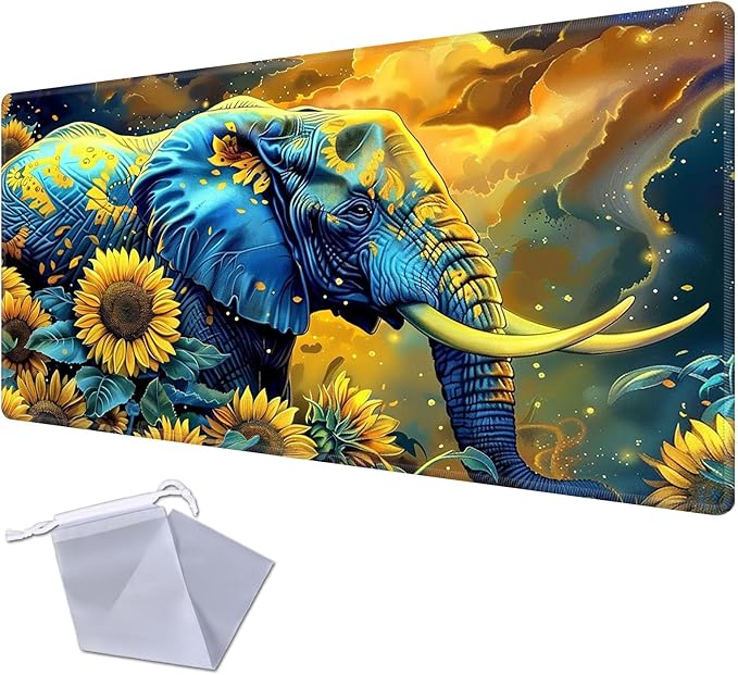 Base for MTG Playmat for Trading Card Games, Non-Slip Rubber Smooth Surface with Stitched Edges, Durable Desk Pad for Card Games, Custom Playmat Anime Playmat, Elephant in Sunflower Field