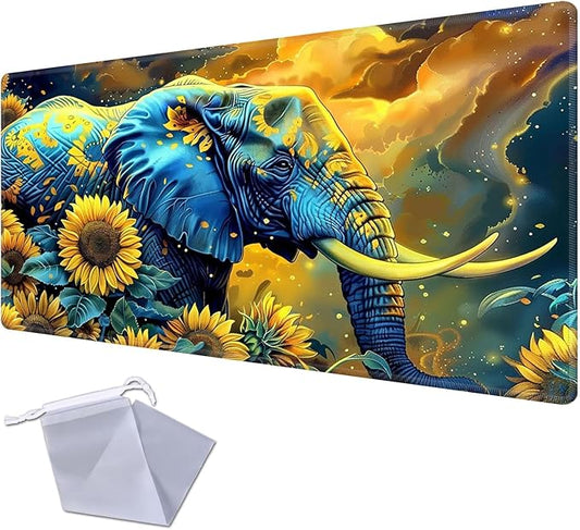 Base for MTG Playmat for Trading Card Games, Non-Slip Rubber Smooth Surface with Stitched Edges, Durable Desk Pad for Card Games, Custom Playmat Anime Playmat, Elephant in Sunflower Field