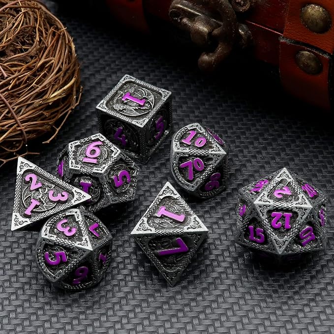 Haxtec Metal DND Dice Set Black Purple Dragon Pattern D&D Dice Set with Leather Dice Bag Metal Polyhedral Dice for Dungeons and Dragons TTRPG Gifts