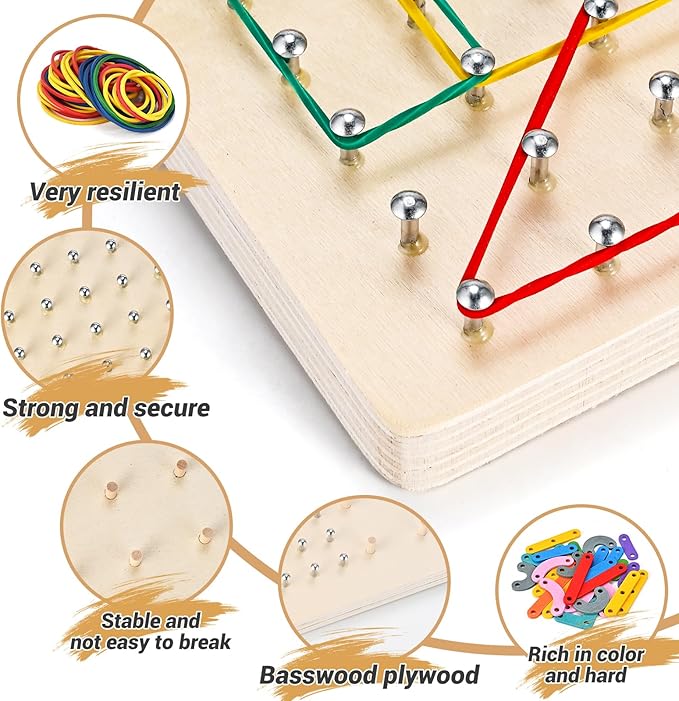 Geoboards with Rubber Bands, Wooden Letter Number Construction Puzzle Board with 20 Pattern Cards, 50 Rubber Bands to Figures and Shapes, Montessori Brain Teaser STEM Toy（9.5 * 6 * 0.6in）