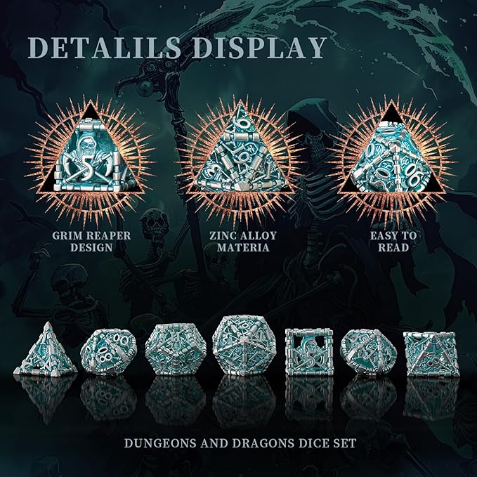 D&D Dice Set, Hollow Blue White Metal Grim Reaper Dice of 7 Piece,Polyhedral DND Dice Role PlayGaming for Dungeons and Dragons Table Game MTG or RPG (Blue and White)