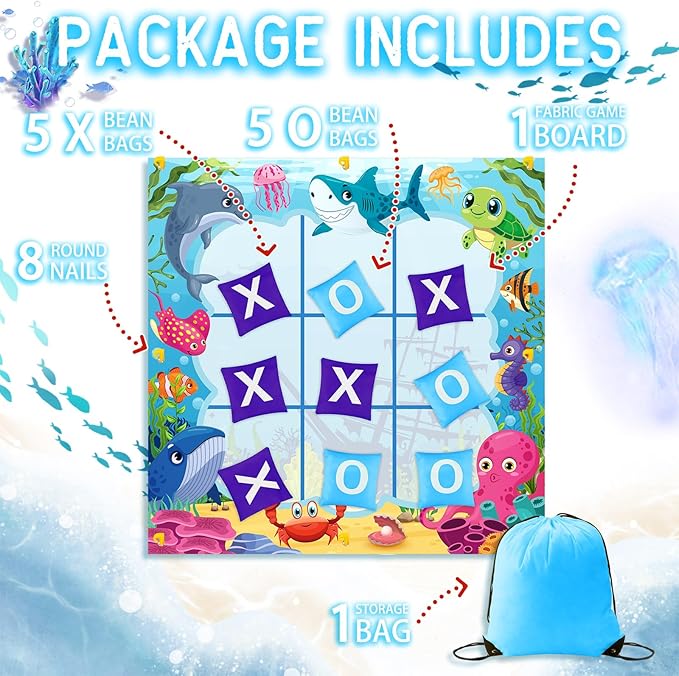 Capoda 20 Pcs Tic Tac Toe Game Set Bean Bag Toss Game Tic Tac Toe Cloth with Bean Bag Storage Pouches Ground Nails for Family Camping Indoor Outdoor Party Toss Games Supplies(Light,Sea Animal)