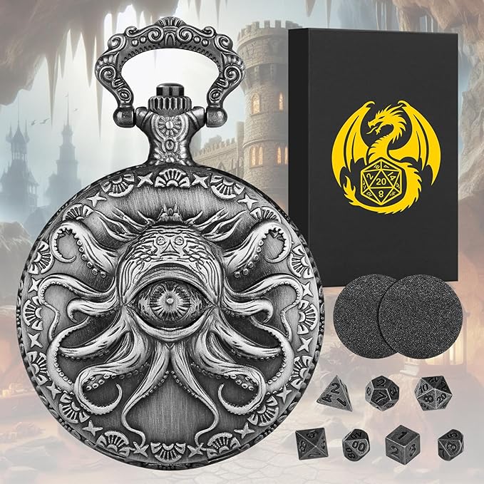 Mini DND Dice Set Steampunk One-Eye Octopus Pocket Watch Case, 7-Piece Polyhedral Metal D&D Dice Set, DND Gifts with Gift Box, Role Playing Board Game Accessories Dice, Dark Silver