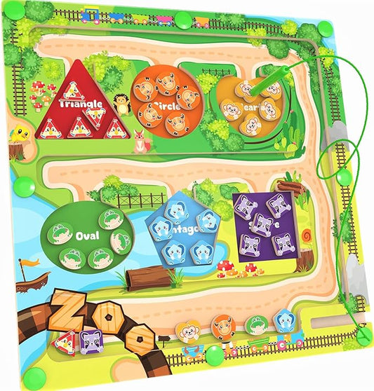 Magnetic Toys for Toddlers, Montessori Wooden Maze Puzzle Board - Fine Motor Skills Learning Toys for 3 4 5 Year Old, Color & Shape Matching Game, Sensory Educational Gift for Boys Girls