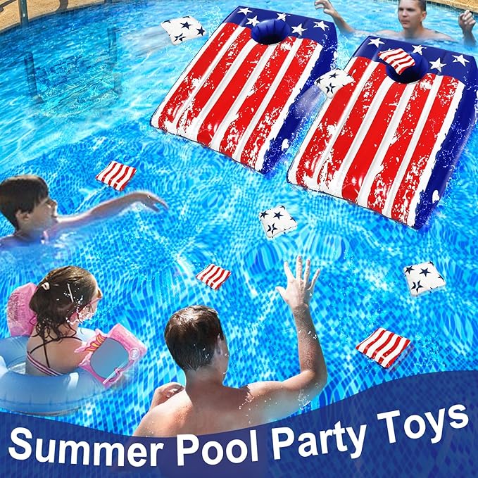 Pool Cornhole, 2 Pack Cornhole Boards 8 Bean 8 Stake, Pool Games for Adults Teen Family, Inflat American Flag Pools Toy Bean Bag Toss Game Pools & Beach & Ground Multi Occasions Summer Patriotic Party