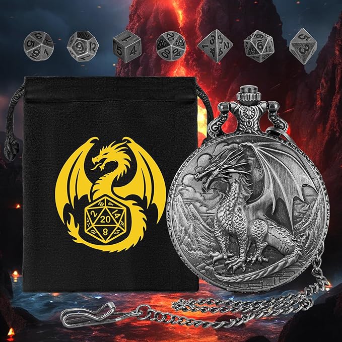 Mini DND Dice Set with Steampunk Dragon Pocket Watch Shell Case, 7pcs Polyhedral Metal DND Dice Set, DND Starter Set, D&D Gifts with Dragon Logo Gift Bag, Role Playing Board Games Accessories, Silver