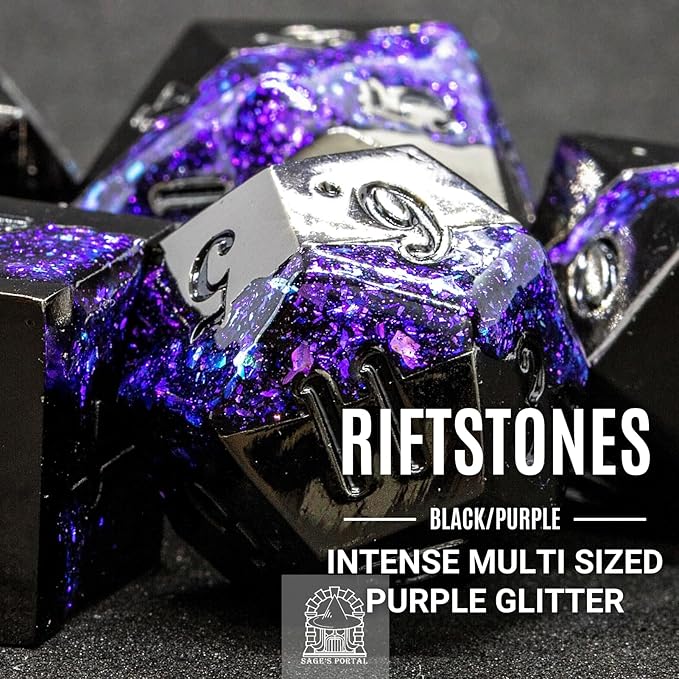 Sage's Portal Metal Riftstone DND Dice 7-PC Polyhedral Dice Set for DND TTRPG Dungeons and Dragons Pathfinder Oversized Designer Dice (Gloss Black/Purple)