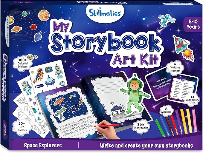 Skillmatics Storybook Art Kit - Space Explorers Art Kit for Kids, Write & Create Space Stories, Creative Activity for Boys & Girls, DIY Kit, 300+ Stickers, Gifts for Ages 5, 6, 7, 8, 9, 10
