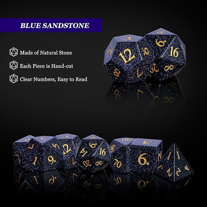 UDIXI Stone D&D Dice Set 7PCS Blue Sandstone Gemstone DND Dice with Leather Gift Box for Dungeons and Dragons Role Playing Game and Other Tabletop Games