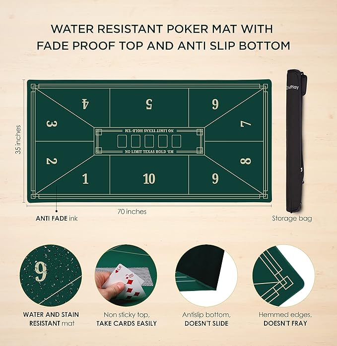 Poker Mat Poker Table Topper Poker Mat for Table to Turn Dining Table to Instant Poker Play Tabletop for Texas Holdem Casino Game with Water Resistant Top Portable Padded Storage Bag 70 x 35 Inch